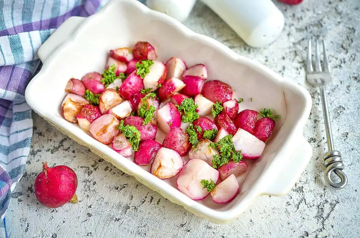 Radish in a baking dish.