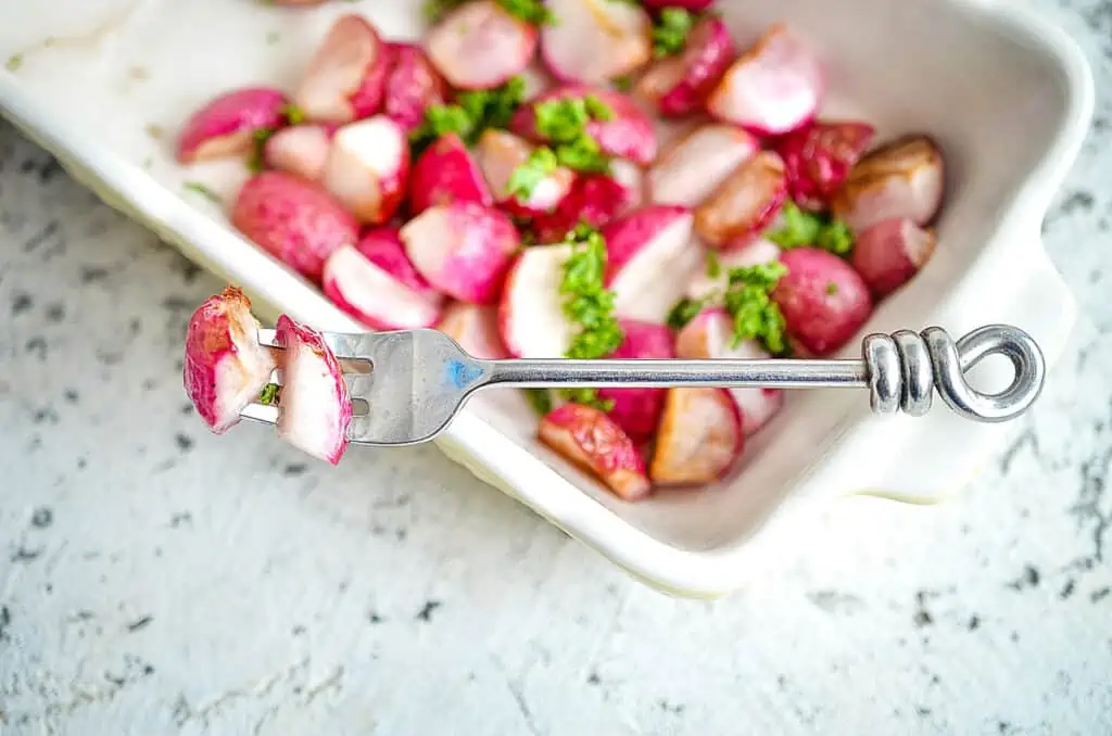 Finished keto roasted radishes.