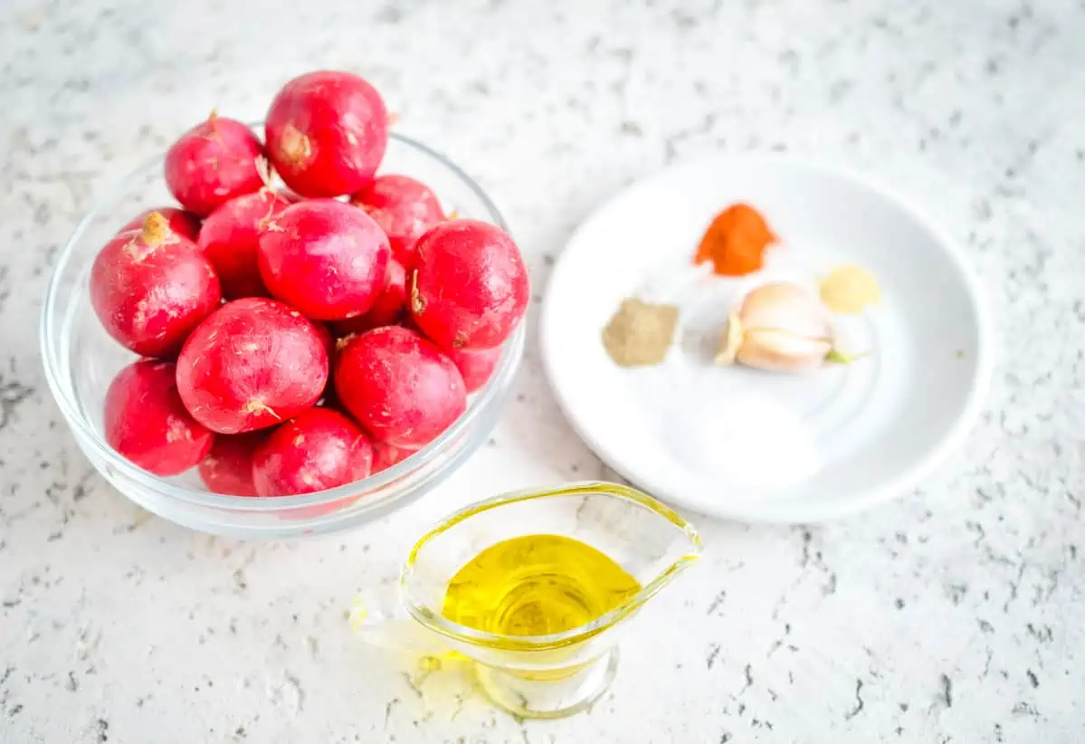 Ingredients to make keto Roasted Radishes.