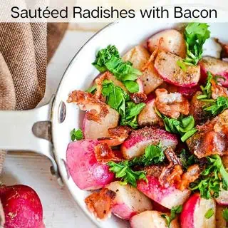 Sauteed radish with bacon in a skillet.