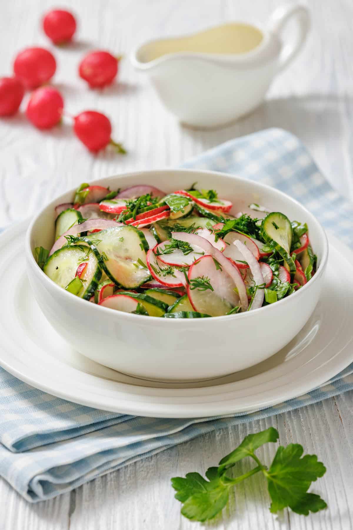A bowl of radish salad featuring fresh radishes, cucumbers, and parsley, arranged attractively.