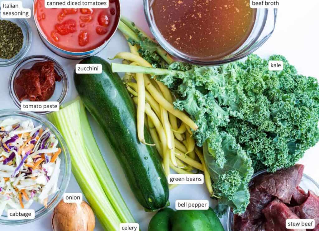 Beefy Minestrone Soup ingredients with labels.