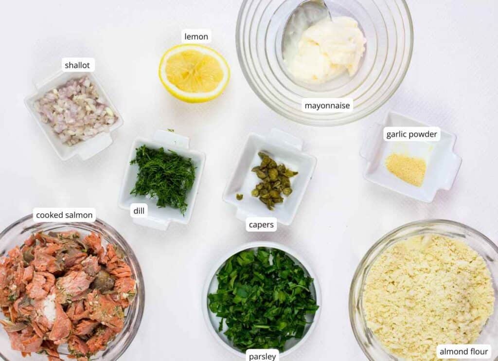 Keto Salmon Patties ingredients with labels.